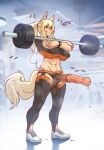  1girl animal_ear_fluff animal_ears animal_penis arknights barbell black_legwear blonde_hair crop_top crossed_arms english_commentary erection full_body futanari highres horse_ears horse_girl horse_penis horse_tail long_hair navel nearl_(arknights) penis ponytail shoes short_sleeves sidelocks sneakers solo standing steaming_body sulcate sweat tail testicles thighhighs uncensored watch weightlifting white_footwear wristwatch yellow_eyes 