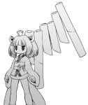  1girl ahoge arms_at_sides blunt_bangs char&#039;s_counterattack clenched_hands feet_out_of_frame greyscale gundam headgear highres japanese_clothes jitome kimono kiritanpo_(food) light_blush long_sleeves medium_hair miniskirt monochrome no_mouth nu_gundam obi obiage obijime sash short_kimono simple_background single_wing skirt solo standing touhoku_kiritan twintails voiceroid wide_sleeves wings yunji 