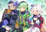  3girls :d ahoge bench black_cape black_dress black_panties black_thighhighs blue_sky blush bottle bow breasts cape character_request check_character cleavage closed_mouth cloud collarbone commentary_request commission day dress food grey_hair grey_jacket grey_shirt hair_between_eyes hair_bow hair_rings hairband headphones headset holding holding_bottle holding_food jacket kou_hiyoyo long_hair long_sleeves matoi_(pso2) medium_breasts multiple_girls on_bench outdoors panties park_bench phantasy_star phantasy_star_online_2 phantasy_star_online_2_new_genesis protagonist_(pso2) purple_bow red_eyes shirt sitting skeb_commission sky smile striped_bow thighhighs underwear very_long_hair water_bottle white_hairband white_jacket 