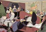  3girls 6+boys armlet armor ascot black_hair black_shirt blonde_hair boots bottle card celes_chere christmas christmas_tree couch crescent_moon crossed_ankles cup cyan_garamonde dress drinking_glass edgar_roni_figaro facial_hair fake_facial_hair fake_mustache final_fantasy final_fantasy_vi gau green_hair green_shorts grey_hair grey_shirt hand_on_own_face hat headscarf holding holding_bottle holding_card holding_party_popper indoors jewelry locke_cole low_ponytail mask merry_christmas moogle moon mouth_mask multiple_boys multiple_girls mustache ninja ninja_mask open_mouth pants parted_bangs party_popper reclining red_dress red_hat red_pants red_sleeves relm_arrowny sabin_rene_figaro santa_hat scar scar_on_face setzer_gabbiani shaded_face shadow_(ff6) sharp_na_ago shirt shorts shoulder_armor spoken_zzz strago_magus terra_branford umaro white_ascot wine_glass yellow_sleeves yeti_(creature) zzz 