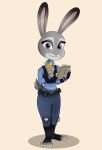  anthro badge carrot_pen clothing disney female footwear hi_res judy_hopps lagomorph leporid looking_at_viewer mammal notebook percibey police_uniform rabbit solo toeless_footwear uniform zootopia 