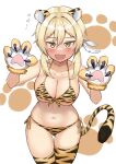  1girl animal_ears animal_hands animal_print bikini blood breasts claws cleavage collarbone cowboy_shot fang genshin_impact half-closed_eyes highres large_breasts looking_at_viewer lumine_(genshin_impact) open_mouth paw_pose paw_print shinatsukou side-tie_bikini smile solo striped striped_bikini swimsuit tail thighhighs tiger_ears tiger_print tiger_tail underboob yellow_bikini yellow_eyes 