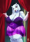  2022 big_breasts boss_monster bovid breasts caprine clothing curtains dress emblem female fur goat hi_res lidded_eyes lingerie lipstick makeup mammal red_eyes slightly_chubby smile solo toriel undertale undertale_(series) video_games white_body white_fur zwitterkitsune 