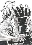  3boys abs basil_hawkins cape commentary english_commentary eustass_kid fur_cape goggles goggles_on_head greyscale hood long_hair looking_at_viewer male_focus mechanical_arms monochrome multiple_boys official_art one_piece ponytail profile scratchmen_apoo simple_background single_mechanical_arm smile traditional_media umakoshi_yoshihiko 