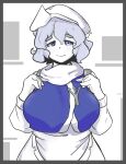  1girl blue_eyes blue_shirt breasts collar dress eyebrows eyebrows_visible_through_hair grey_hair hands_on_own_chest highres kappamin large_breasts letty_whiterock long_sleeves polearm relaxed shirt simple_background smile solo touhou trident weapon white_collar white_dress 
