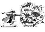  1girl absurdres blue_archive breaking breasts broken_vase butterfly_hair_ornament china_dress chinese_clothes coat double_bun dragon_print dress from_side full_body gloves hair_bun hair_ornament halo hashtag-only_commentary high_heels highres jshnimzz kisaki_(blue_archive) long_hair monochrome palm_strike simple_background sleeveless sleeveless_dress small_breasts solo twintails vase white_background 