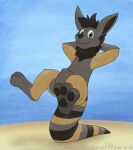  ambiguous_gender anthro balancing_on_tail crizbn green_eyes hi_res kangaroo macropod mammal marsupial nude pawpads pouch_(anatomy) signature simple_background solo 