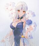  1girl absurdres bare_shoulders blue_dress breasts cleavage dress flower genshin_impact hair_ornament hand_in_hair highres large_breasts ningguang_(genshin_impact) ningguang_(orchid&#039;s_evening_gown)_(genshin_impact) red_eyes solo upper_body vision_(genshin_impact) white_hair yutou75 