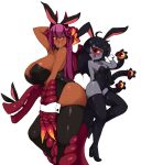  2girls :d animal_ears black_hair black_legwear black_leotard blush breasts claws colored_sclera colored_skin cyclops dark-skinned_female dark_skin detached_collar dragon_girl fake_animal_ears gazer_(monster_girl_encyclopedia) grey_skin huge_breasts jabberwock_(monster_girl_encyclopedia) leotard long_hair monster_girl monster_girl_encyclopedia multiple_girls one-eyed petite playboy_bunny plump rabbit_ears red_eyes rtil second-party_source simple_background small_breasts smile take_your_pick tentacles thighhighs white_background wrist_cuffs yellow_sclera 