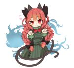 1girl :3 animal_ears artist_name black_bow blue_fire bow braid cat_ears cat_tail claw_pose dress fire floral_print flower frills ghost green_dress heart hitodama kaenbyou_rin long_hair multiple_tails necktie puffy_sleeves red_bow red_eyes red_hair signature simple_background solo striped striped_dress tail touhou twin_braids two_tails white_background yaco_(nuitnotte) 