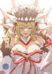  1girl animal_ears bow breasts cleavage extra_ears fate/grand_order fate_(series) fox_ears headdress highres koyanskaya_(fate) large_breasts ling_huanxiang long_hair tamamo_(fate) white_background yellow_eyes 