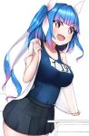  1girl absurdres blue_skirt breasts character_name collared_shirt commentary_request dress_shirt fang gradient_hair highres i-19_(kancolle) kantai_collection large_breasts long_hair looking_at_viewer multicolored_hair name_tag open_clothes pink_hair pleated_skirt red_eyes school_swimsuit shirt simple_background skin_fang skirt solo star-shaped_pupils star_(symbol) swimsuit symbol-shaped_pupils tiemu_(man190) tri_tails twintails white_background white_shirt 