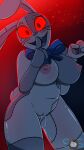  anthro big_breasts blush bodily_fluids bow_tie breasts buckteeth clothing female five_nights_at_freddy&#039;s genital_fluids genitals hi_res lagomorph leporid looking_at_viewer mammal nipples nude open_mouth pussy rabbit scottgames simple_background smile solo solo_focus sos_or_loss teeth vanny_(fnaf) video_games white_body 
