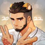  1boy 2022 absurdres alca animal_ears avatar_icon bara beard black_hair casual command_spell commission double_v facial_hair gyee highres lion_boy lion_ears looking_at_viewer male_focus mature_male original peterhl red_eyes shirt short_hair smile solo thick_eyebrows undercut upper_body v white_shirt 