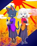  2022 anthro aozora_(tasogare_aozora) asian_clothing black_body black_fur blue_eyes bottomwear canid canine canis clothing dated domestic_cat domestic_dog dress duo east_asian_clothing embrace eyes_closed felid feline felis female fur hug japanese_clothing kimono lidded_eyes looking_at_viewer mammal odd_taxi open_mouth poodle rui_nikaido_(odd_taxi) signature smile teenager toy_dog toy_poodle white_body white_fur young yuki_mitsuya_(odd_taxi) 