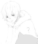  1boy ? absurdres animal cloak dog fumetsu_no_anata_e fur-trimmed_cloak fur_trim fushi greyscale hair_between_eyes hara_shoutarou hatching_(texture) highres looking_at_animal male_focus monochrome parted_lips simple_background smile white_background 