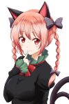  1girl animal_ears black_bow black_dress blush bow braid cat_ears cat_tail dress finger_to_mouth gesture green_dress highres kaenbyou_rin multiple_tails necktie one-hour_drawing_challenge red_bow red_eyes red_hair red_necktie reimei_(r758120518) slit_pupils solo tail touhou twin_braids two_tails white_background 