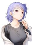  1girl bangs blue_hair breasts closed_mouth collarbone dot_nose finger_to_mouth from_side fur grey_shirt hair_behind_ear hand_up highres index_finger_raised large_breasts light_blue_hair light_purple_hair long_sleeves looking_at_viewer looking_down looking_to_the_side off_shoulder one_side_up open_clothes original pink_eyes red_eyes sekiya_asami shirt short_hair simple_background sleeve_cuffs solo swept_bangs thinking tsurime upper_body white_background 