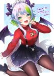  1girl black_footwear black_skirt blue_hair breasts bsapricot_(vtuber) cleavage cleavage_cutout clothing_cutout colored_inner_hair commission demon_wings green_eyes green_hair high_heels highres horns komochi multicolored_hair multiple_horns official_alternate_costume open_mouth red_sweater second-party_source short_hair_with_long_locks skeb_commission skirt smile solo star_cutout streaked_hair suspenders sweater sweater_tucked_in virtual_youtuber vshojo wings 