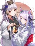  2girls :d absurdres animal_ears back_bow bangs black_headwear black_kimono blunt_bangs blush bow bowl chopsticks ear_covers eyebrows_visible_through_hair floral_print gold_ship_(umamusume) gradient_hair grin hair_bow hair_bun hair_ornament hair_stick highres holding holding_bowl holding_chopsticks horse_ears horse_girl horse_tail japanese_clothes kimono long_hair long_sleeves looking_at_viewer mejiro_mcqueen_(umamusume) mochi multicolored_hair multiple_girls obi open_clothes parted_lips print_kimono purple_bow purple_eyes purple_hair red_bow red_eyes sash shino_sto side_bun silver_hair smile spice steam swept_bangs tail teeth umamusume upper_body v white_kimono wide_sleeves 