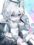  1boy animal_ears backpack bag bandages bandaid cat_boy cat_ears cat_tail halo highres hisame_mon long_sleeves male_focus original pale_skin purple_eyes randoseru stuffed_toy tail white_hair wings 