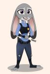  absurd_res anthro badge clothing disney female footwear hi_res judy_hopps lagomorph leporid looking_at_viewer mammal percibey police_uniform rabbit solo sound_effects toeless_footwear uniform zootopia 