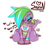  &lt;3 &lt;3_eyes ambiguous_gender anthro better_version_at_source blue_highlights bulge dragon friendship_is_magic green_eyes green_hair hair hasbro highlights_(coloring) makeup mascara my_little_pony nonbinary_(lore) purple_body purple_scales saurian_(artist) scales solo spyke_(saurian) trans_(lore) 