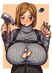  1girl absurdres breasts brown_hair cleavage coffeelove68 half-closed_eyes hammer highres holding holding_hammer huge_breasts jujutsu_kaisen kugisaki_nobara long_sleeves looking_at_viewer screw short_hair sweater torn_clothes turtleneck turtleneck_sweater 