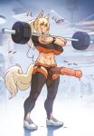  1girl animal_ear_fluff animal_ears animal_penis arknights barbell black_legwear blonde_hair crop_top crossed_arms english_commentary erection full_body futanari highres horse_ears horse_girl horse_penis horse_tail long_hair navel nearl_(arknights) penis ponytail shoes short_sleeves sidelocks sneakers solo standing sulcate sweat tail testicles thighhighs uncensored watch weightlifting white_footwear wristwatch yellow_eyes 