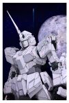  absurdres arms_at_sides border clenched_hands cowboy_shot dated full_moon green_eyes gundam highres horns mecha mecha_focus mobile_suit mobile_suit_gundam moon night no_humans outdoors robot science_fiction signature single_horn standing star_(sky) steven_(sz0097) unicorn_gundam white_border 