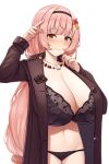  1girl black_bra blush bra breasts chocolate cleavage closed_mouth collarbone eyebrows_visible_through_hair hairband highres huge_breasts jacket kannko_bokujou long_hair long_sleeves open_clothes open_jacket original pink_hair simple_background solo tagme underwear yellow_eyes 