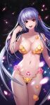  1girl absurdres bangs breasts cleavage collarbone cowboy_shot euna eyebrows_visible_through_hair fate/grand_order fate_(series) hair_ornament hand_in_hair highres kama_(fate) large_breasts long_hair looking_at_viewer navel parted_lips pubic_tattoo purple_hair red_eyes smile solo tattoo thighs 