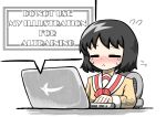  1girl ai-generated_art_(topic) black_hair bng_modoki16 closed_eyes commentary computer english_commentary english_text flying_sweatdrops laptop long_sleeves nichijou school_uniform shinonome_nano short_hair simple_background solo speech_bubble tears watermark white_background winding_key 