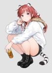  1girl animal_ears bare_legs black_footwear black_shorts boots can canned_coffee chigusa_asuha fur_trim grey_background holding hood hood_down hooded_jacket jacket long_hair long_sleeves looking_at_viewer qualidea_code red_eyes red_hair sekiya_asami short_shorts shorts simple_background solo squatting tail thighs tiger_ears tiger_tail white_jacket 