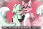  absurd_res black_body black_fur blue_body blue_eyes blue_fur blush brown_body brown_fur canid canine chikn_nuggit darknetic duo english_text fanarts female female/female feral fluffy fluffy_tail fox fur happy hi_res looking_at_viewer mammal open_mouth pink_body pink_eyes pink_fur simple_background slushi_(chikn_nuggit) smile text turquoise_fur white_body white_fur 