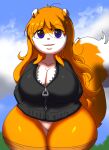  anthro blue_eyes breasts cleavage clothed clothing conker conker&#039;s_bad_fur_day female forest fur hands_in_pockets hoodie looking_at_viewer mammal orange_body orange_fur panties plant pockets rareware rodent sciurid short_stack smile solo topwear tree underwear video_games white_panties wide_hips young zaviel 