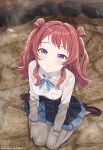  1girl absurdres blue_overskirt blue_ribbon blue_skirt blush commentary_request gakuen_idolmaster grin hanami_saki hatsuboshi_gakuen_school_uniform highres hmax idolmaster long_hair looking_at_viewer neck_ribbon outdoors partially_submerged pleated_skirt ribbon school_uniform seiza shirt sitting skirt smile solo thighhighs two_side_up wet wet_clothes wet_shirt white_shirt white_thighhighs zettai_ryouiki 