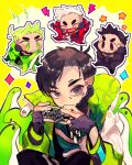  1boy ^_^ animification apex_legends black_eyes black_hair black_jacket blush chibi closed_eyes crypto_(apex_legends) devil&#039;s_advocate_crypto fang fuzzy_logic_crypto green_eyes green_hair green_jacket grey_hair holding jacket looking_to_the_side male_focus multiple_views nessie_(respawn) official_alternate_costume red_jacket repikinoko signature smile squatting the_hired_gun_crypto twitter_username 