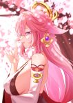  1girl :d absurdres animal_ear_piercing animal_ears arm_under_breasts bare_shoulders blurry blurry_background breasts cherry_blossoms commentary earrings falling_petals fingernails fox_ears fox_girl fox_shadow_puppet from_side gem genshin_impact hair_between_eyes hand_up highres jewelry large_breasts long_fingernails long_hair looking_at_viewer looking_to_the_side open_mouth petals pink_hair purple_eyes purple_gemstone sideboob smile solo three_quarter_profile tree upper_body very_long_hair watatai yae_miko 