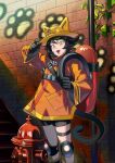  1boy :3 absurdres adjusting_clothes adjusting_headwear androgynous animal_ear_headwear animal_ears arm_up black_gloves black_hair black_tail boots borrowed_character brick_wall brooch cat_boy cat_ears cat_tail commission double-parted_bangs fangs feet_out_of_frame fire_hydrant firefighter firefighter_jacket flipped_hair gloves graffiti hand_up helmet highres holding holding_hose hose jacket jewelry kariganeka knee_pads long_sleeves looking_at_viewer male_focus non-web_source open_mouth original otoko_no_ko outdoors outline paw_print plant pocket pole second-party_source shadow short_hair short_shorts shorts sidelocks sideways_glance solo stairs standing tail teeth thigh_strap three_quarter_view upper_teeth_only vines wide_sleeves yellow_eyes yellow_helmet 
