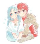  1boy 1girl adol_christin ancient_ys_vanished blue_eyes blue_hair blush closed_mouth cropped_torso dress feena_(ys) george_man gloves grey_eyes hair_between_eyes heart highres jewelry leather leather_gloves long_hair looking_at_viewer necklace parted_bangs red_hair short_hair short_sleeves simple_background smile very_long_hair white_background white_dress ys 