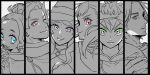  3boys 3girls annoyed asta_(black_clover) bangs black_border black_clover border capelet charmy_pappitson cigarette close-up column_lineup ear_piercing eating expressionless finral_roulacase food greyscale hair_bun hair_up hat headband highres long_hair looking_at_viewer monochrome muffin multiple_boys multiple_girls nasaya_(sayayu) noelle_silva one_eye_closed piercing ponytail portrait short_hair smile smirk spot_color vanessa_enoteca white_background witch_hat yami_sukehiro 
