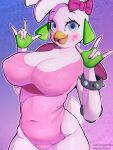  2022 5_fingers accessory animatronic anthro avian beak big_breasts bird blue_eyes blush bracelet breasts chicken cleavage clothed clothing eyelashes female fingerless_gloves fingers five_nights_at_freddy&#039;s five_nights_at_freddy&#039;s:_security_breach galliform gallus_(genus) gatotorii glamrock_chica_(fnaf) gloves green_clothing green_fingerless_gloves green_gloves green_handwear hair_accessory hair_ribbon handwear hi_res huge_breasts jewelry leotard lipstick looking_at_viewer machine makeup navel nipple_outline open_beak open_mouth open_smile phasianid pink_clothing pink_leotard ribbons robot scottgames smile solo spiked_bracelet spikes standing text tongue url video_games white_body 