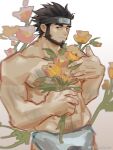  1boy amaimochi bara beard black_hair chest_hair covering facial_hair floral_background flower forehead_protector highres holding holding_flower looking_at_viewer male_focus mature_male muscular muscular_male naruto_(series) naruto_shippuuden navel_hair nude_cover orange_flower pectorals sarutobi_asuma short_hair solo topless_male unfinished 