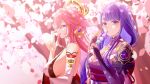  2girls :d animal_ear_piercing animal_ears arm_under_breasts bare_shoulders blurry blurry_background breasts bridal_gauntlets cherry_blossoms closed_mouth commentary dango earrings eating falling_petals fingernails food fox_ears fox_girl fox_shadow_puppet from_side gem genshin_impact hair_between_eyes hand_up highres holding holding_food japanese_clothes jewelry kimono large_breasts long_fingernails long_hair looking_at_viewer looking_to_the_side low-tied_long_hair mole mole_under_eye multiple_girls obi open_mouth petals pink_hair purple_eyes purple_gemstone purple_hair purple_kimono raiden_shogun sanshoku_dango sash sideboob smile three_quarter_profile tree upper_body very_long_hair wagashi watatai yae_miko 
