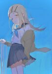 1girl :o bare_legs black_skirt blonde_hair blue_neckerchief blush cardigan colored_eyelashes flipped_hair gakuen_idolmaster hatsuboshi_gakuen_school_uniform highres idolmaster long_hair looking_at_viewer monemasu neckerchief orange_eyes pleated_skirt railing school_uniform serafuku shinosawa_hiro shirt skirt solo very_long_hair white_shirt yellow_cardigan 