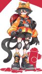 1boy :3 absurdres animal_ear_headwear animal_ears arm_at_side black_footwear black_gloves black_hair black_shorts black_tail boots borrowed_character brooch cat_boy cat_ears closed_mouth commission double-parted_bangs firefighter firefighter_jacket flipped_hair full_body gloves hair_between_eyes half-closed_eyes helmet high_collar highres holding holding_hose hose jacket jewelry knee_pads long_sleeves looking_to_the_side male_focus massakasama multicolored_clothes multicolored_jacket orange_jacket original paper_texture red_eyes second-party_source short_hair shorts sidelocks sideways_glance skeb_commission solo split_mouth standing thigh_strap torn_clothes torn_shorts v-shaped_eyebrows white_background yellow_helmet yellow_jacket 