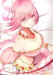  1girl breasts circlet cleavage coro_(corota_5656) cyclamen_(flower_knight_girl) dancer detached_sleeves flower_knight_girl jewelry large_breasts looking_at_viewer navel necklace pink_eyes pink_hair pink_sleeves short_hair signature solo upper_body 