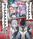  ahoge alisa_(pgr) ayla:_kaleido_(pgr) ayla_(pgr) beret blue_hat blue_jacket breasts cecilie_(pgr) character_request cleavage commentary_request cross cross_earrings crying crying_with_eyes_open dorinhakawaii earrings green_hair hair_intakes hat headgear helmet humanoid_robot jacket jewelry name_connection open_mouth pink_hair punishing:_gray_raven red_eyes red_hair robot screaming sica_(pgr) tears thick_eyebrows translation_request trojan_(pgr) 