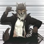  2022 abs angiewolf anthro bottomwear canid canine canis clothed clothing dreamworks english_text eyebrows fur looking_at_viewer male mammal mr._wolf_(the_bad_guys) mugshot muscular muscular_anthro muscular_male narrowed_eyes navel necktie number numbered_tag open_clothing open_shirt open_topwear pants pecs police_lineup shirt sitting smile smirk solo text the_bad_guys topwear tuft wolf 